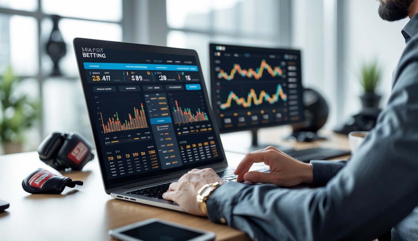 Seseorang menggunakan laptop di meja kerja dengan layar menampilkan statistik dan peluang taruhan MMA online.