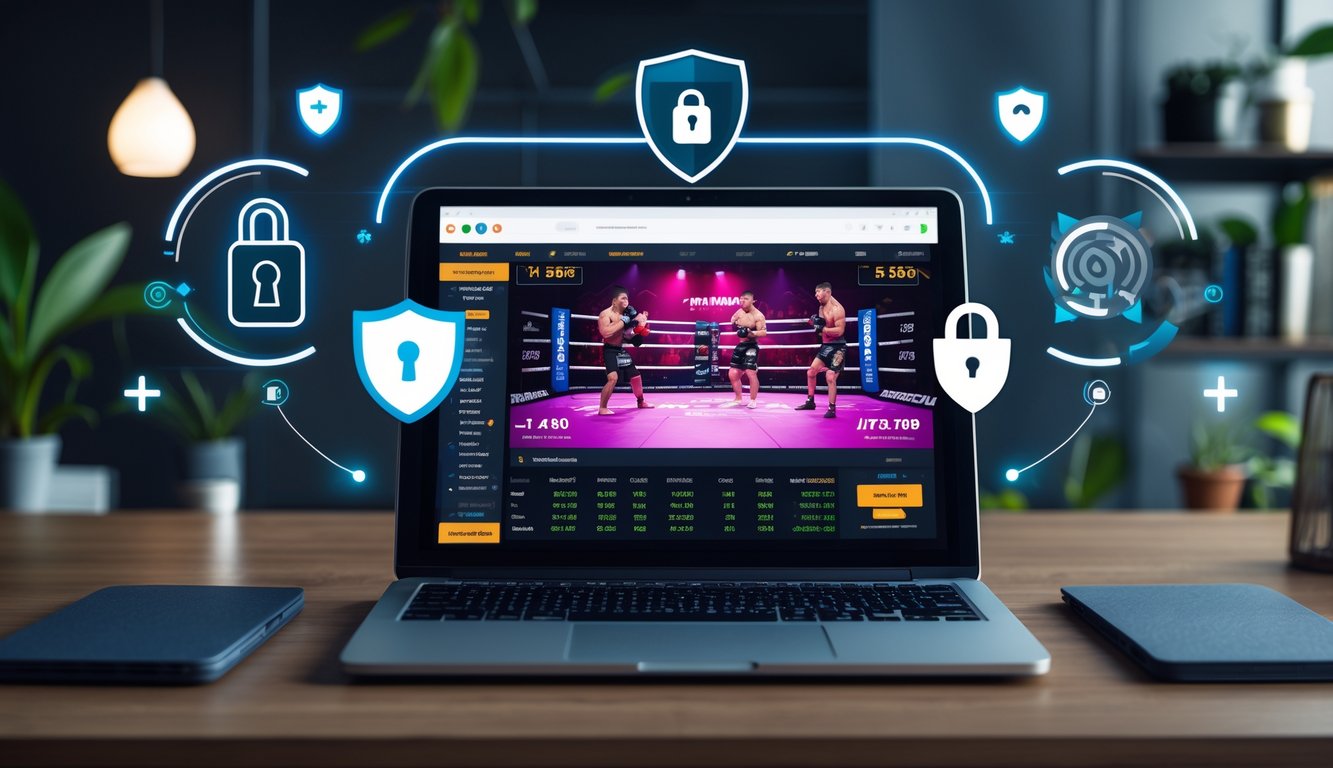 Sebuah meja kerja modern dengan laptop yang menampilkan pertandingan MMA dan elemen keamanan digital di sekitarnya.
