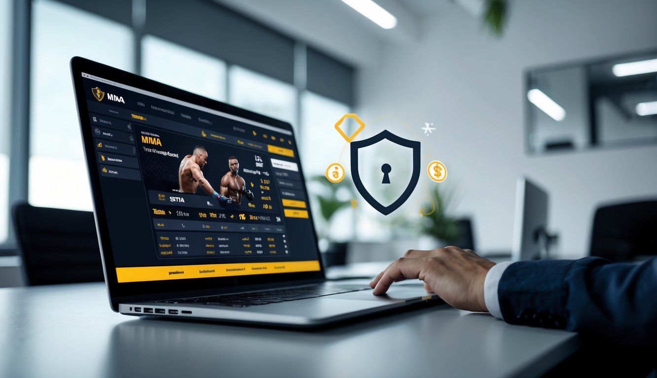 Meja kerja modern dengan laptop yang menampilkan antarmuka taruhan MMA online dan simbol keamanan di layar.