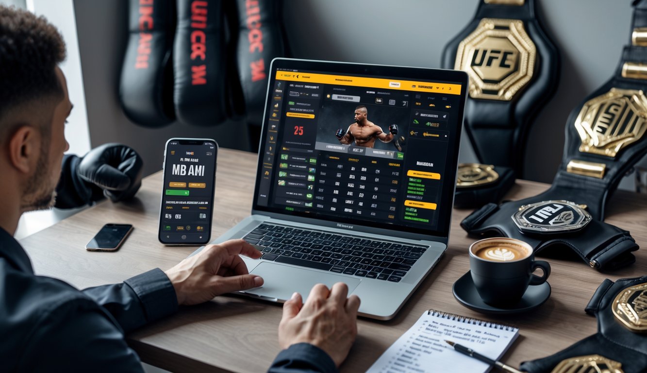 Seorang pria duduk di depan laptop dengan layar menampilkan pertandingan MMA dan informasi taruhan, dikelilingi oleh ponsel, catatan strategi, dan perlengkapan MMA di latar belakang.
