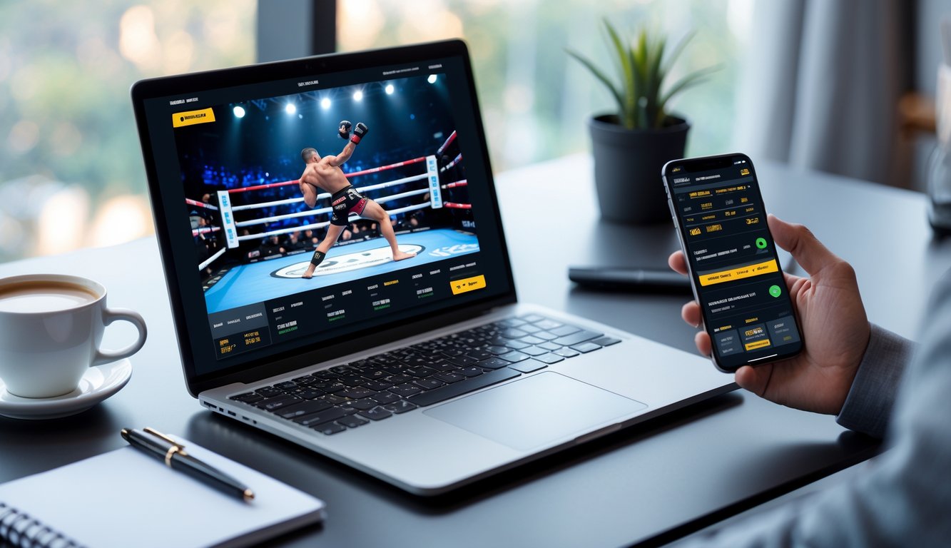 Meja kerja dengan laptop yang menampilkan pertarungan MMA dan ponsel yang menunjukkan aplikasi taruhan online, dengan cangkir kopi dan tanaman kecil di sampingnya.