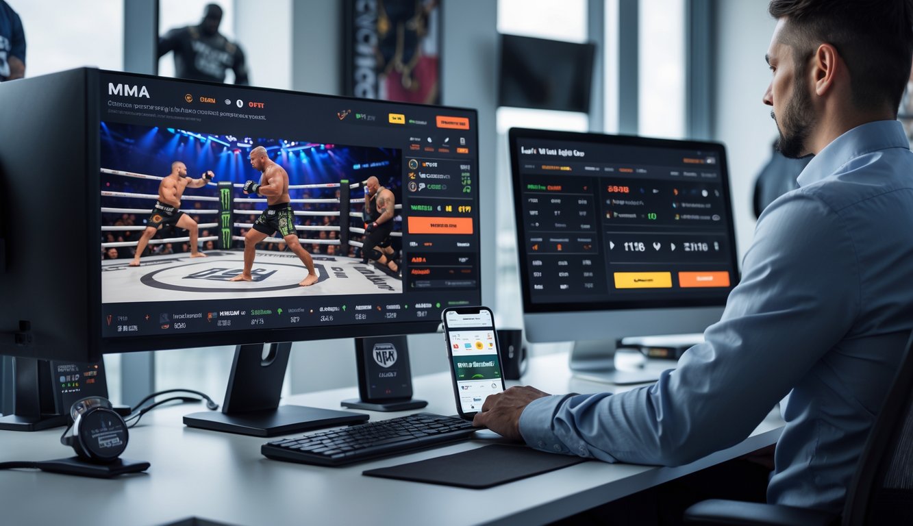 Seseorang sedang menggunakan komputer dengan tampilan pertandingan MMA langsung dan antarmuka taruhan online di meja kerja yang rapi.