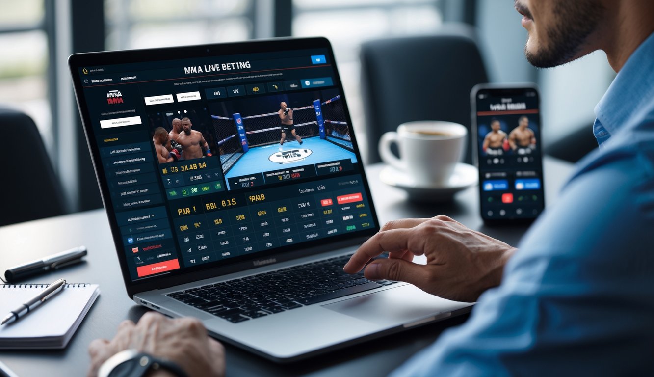 Seseorang menggunakan laptop yang menampilkan pertandingan MMA langsung dan data taruhan di meja kerja modern.