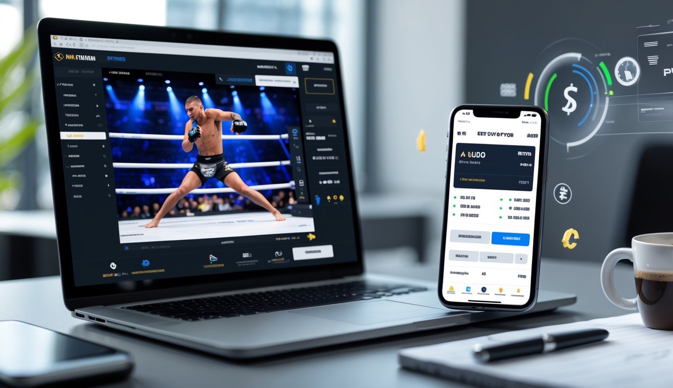 Seorang pengguna sedang melihat pertarungan MMA di laptop dan menggunakan aplikasi taruhan di ponsel dengan meja kerja yang rapi.