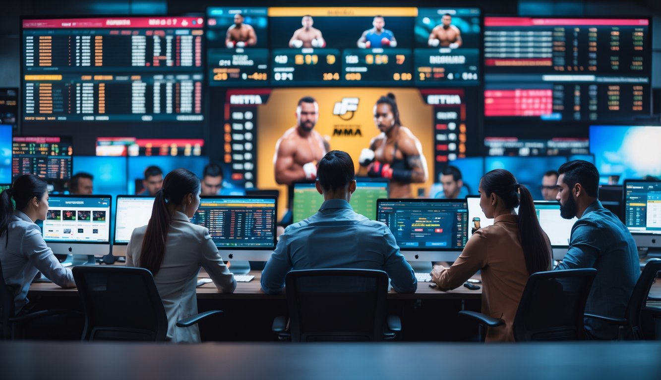 Orang-orang di kantor modern sedang menggunakan komputer dan ponsel untuk melihat statistik dan taruhan pertandingan MMA secara online.