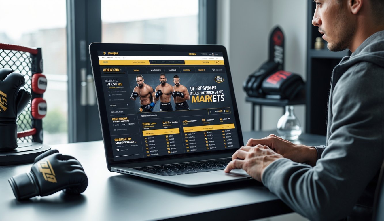 Seseorang menggunakan laptop di meja kerja dengan tampilan situs taruhan MMA dan perlengkapan MMA di latar belakang.