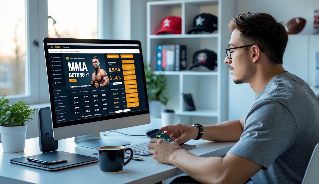 Seorang pria muda duduk di meja kerja dengan laptop dan ponsel, melihat situs taruhan MMA online di ruang kerja rumah yang terang.