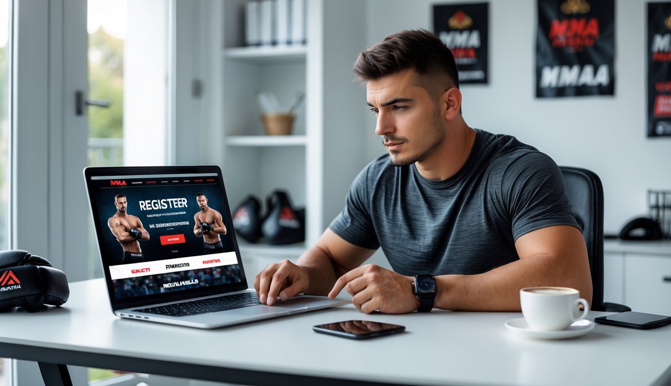 Seorang pria muda duduk di meja dengan laptop, sedang mendaftar di situs taruhan MMA online di ruang kerja yang rapi.