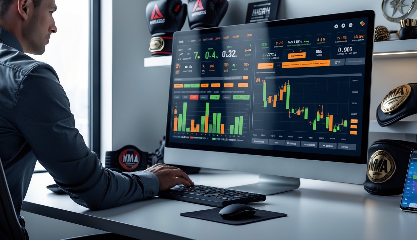 Seorang pria di meja kerja modern sedang melihat layar komputer dengan data dan statistik taruhan MMA secara online.