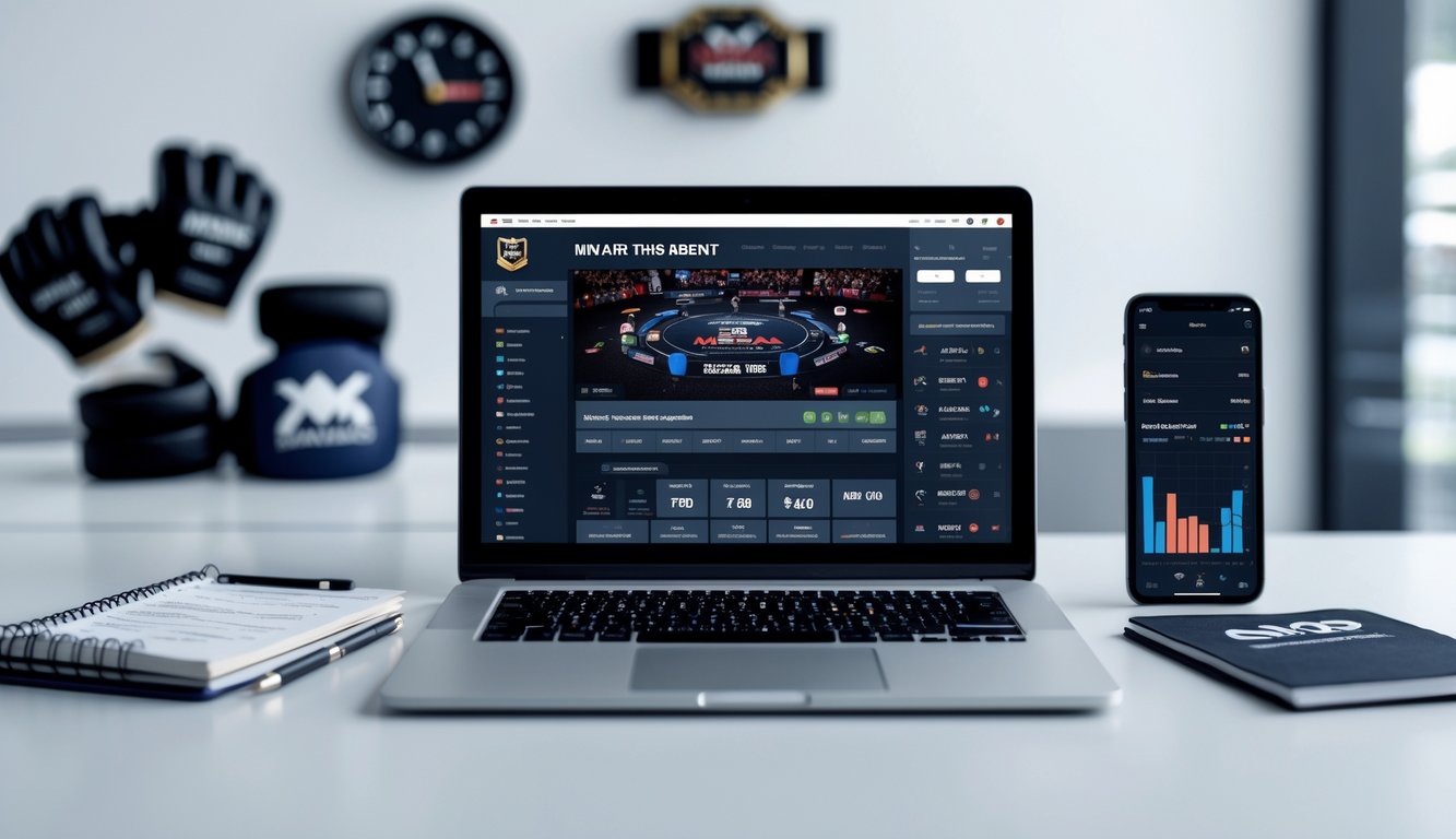 Seorang profesional bekerja di depan laptop dengan tampilan situs taruhan MMA online yang menampilkan prediksi dan pembaruan terkini.