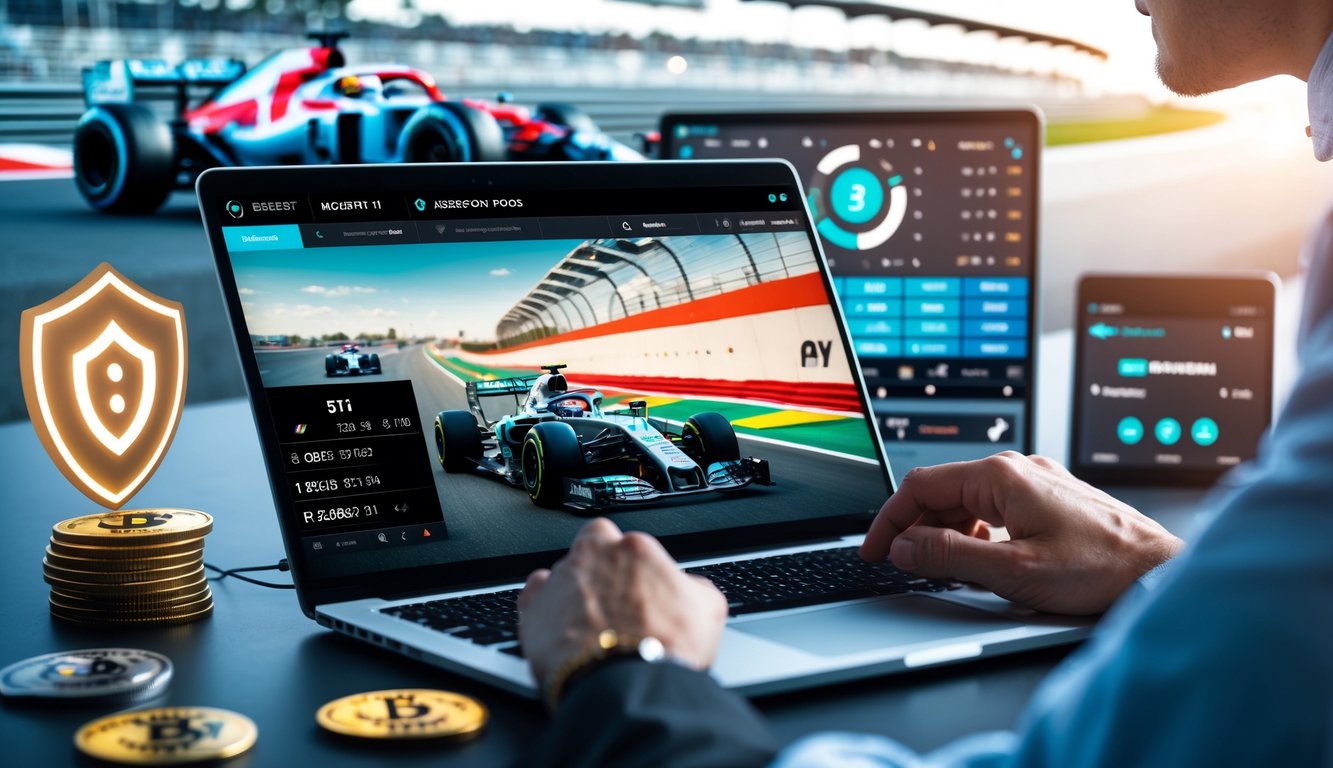 Seorang profesional di depan laptop dengan layar menampilkan balapan Formula 1 dan data taruhan, di latar belakang terdapat gambar lintasan balap dan mobil Formula 1 yang sedang melaju.