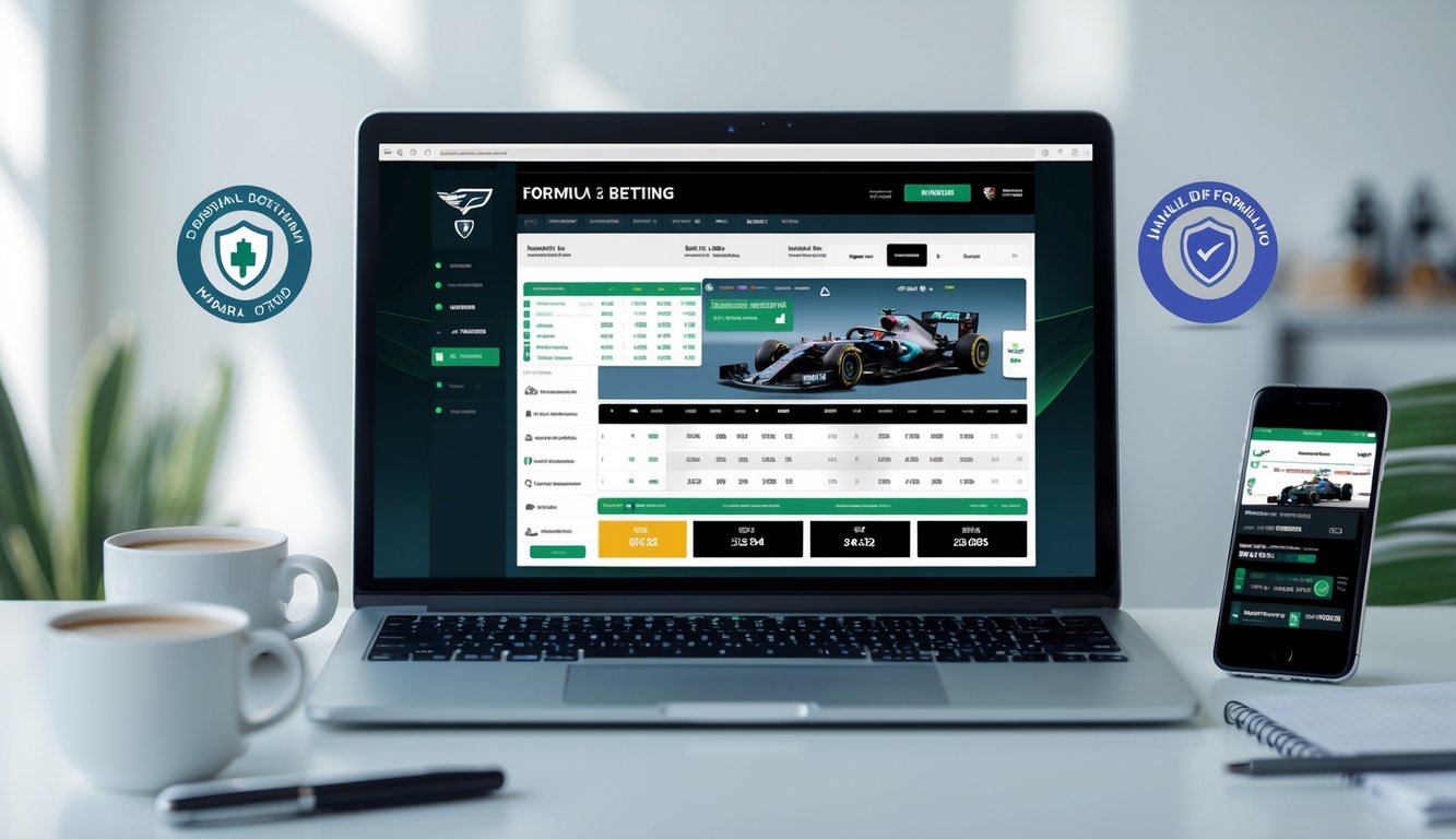 Seorang pria di depan komputer dengan layar menampilkan informasi taruhan Formula 1, di meja terdapat kopi dan ponsel yang menunjukkan pembaruan balapan.