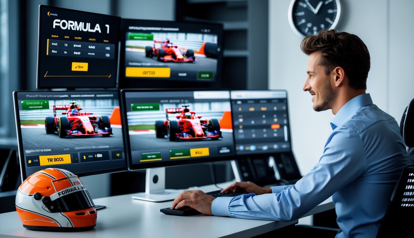 Seorang profesional sedang menggunakan komputer dengan tampilan balapan Formula 1 dan data taruhan online di meja kerja yang rapi dan terang.