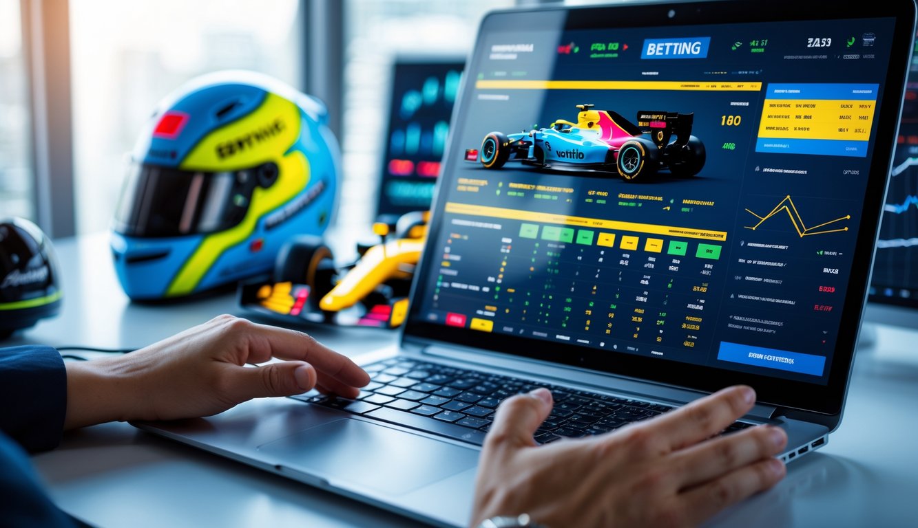 Meja kerja modern dengan komputer menampilkan dashboard balap Formula 1 dan tangan seseorang menggunakan laptop untuk taruhan online yang aman.