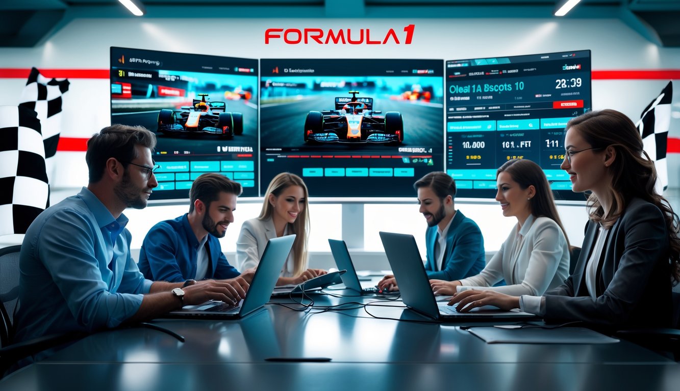 Orang-orang sedang menggunakan komputer dan ponsel untuk memasang taruhan Formula 1 secara online di ruang kerja modern dengan layar menampilkan balapan dan data taruhan.