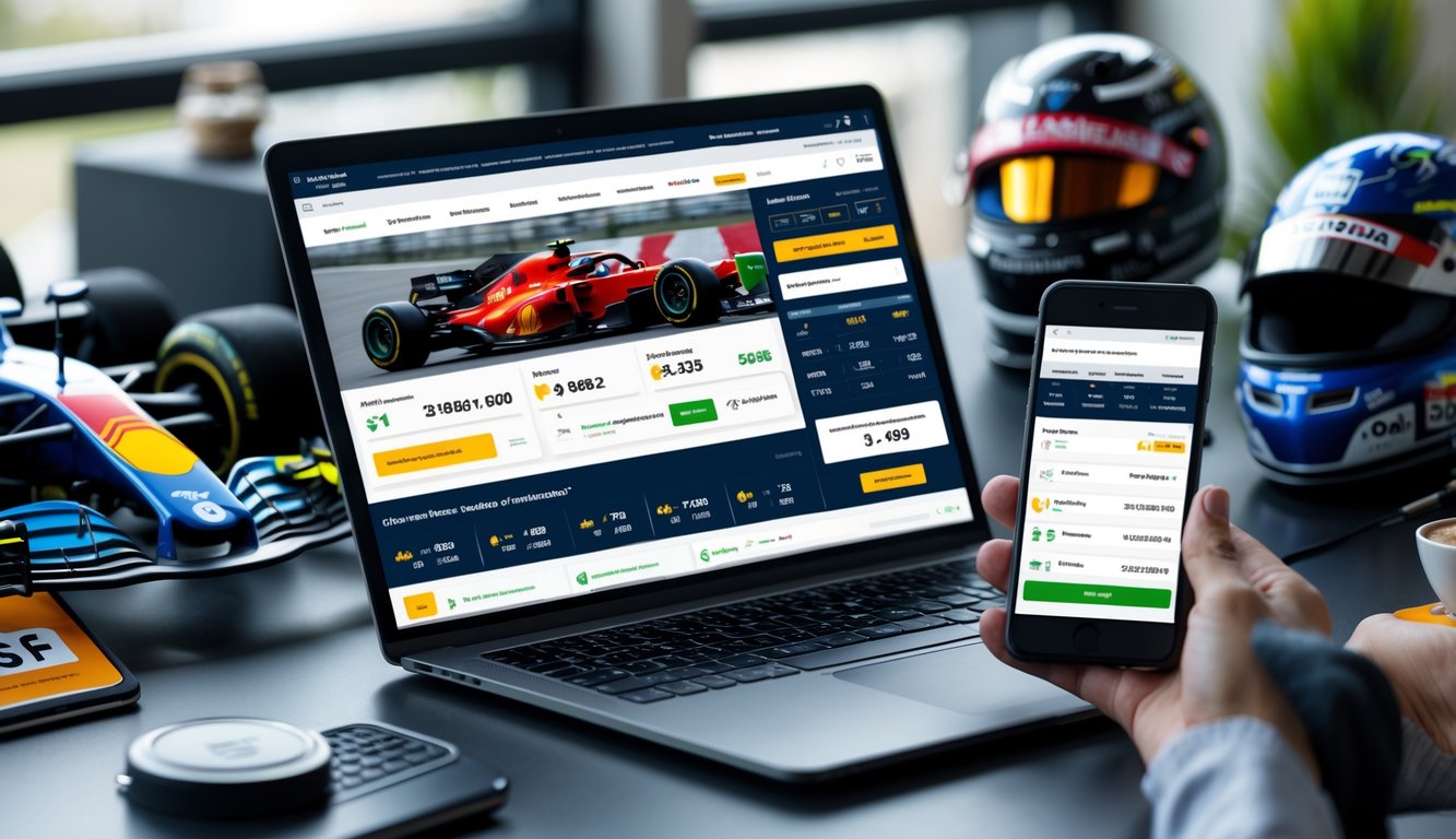 Meja kerja modern dengan laptop dan ponsel menampilkan informasi taruhan Formula 1, dengan model mobil balap dan helm di latar belakang.