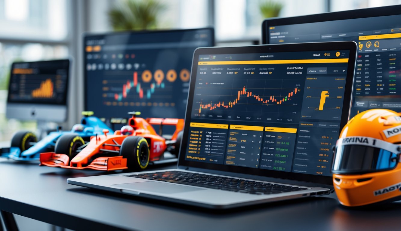 Sebuah ruang kerja modern dengan beberapa layar komputer menampilkan data balap Formula 1 dan pasar taruhan, dilengkapi laptop dan miniatur mobil balap.