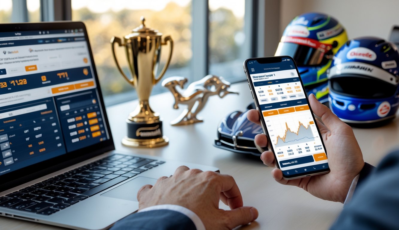 Seseorang menggunakan laptop dan ponsel di meja kerja dengan model mobil Formula 1 dan helm balap di latar belakang.