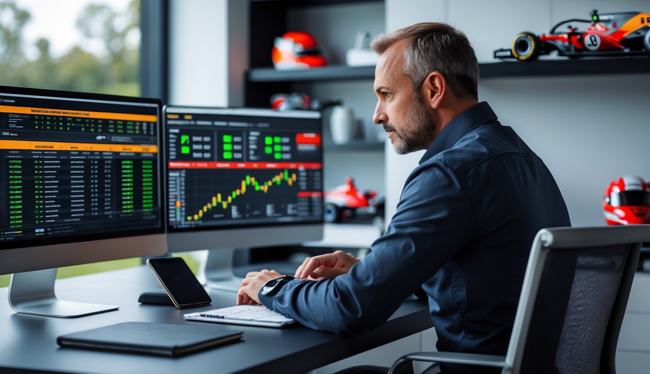Seorang pria dewasa sedang duduk di meja dengan beberapa monitor komputer yang menampilkan statistik balap Formula 1 dan peluang taruhan, terlihat fokus menganalisis data di ruang kerja modern.