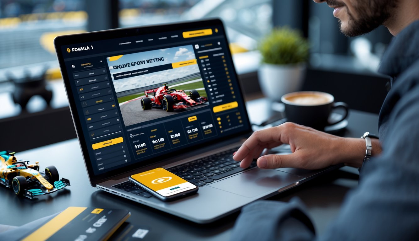Seorang pria menggunakan laptop di meja kerja dengan gambar mobil balap Formula 1 di layar dan ponsel di sampingnya, menunjukkan aktivitas taruhan online dengan suasana profesional.