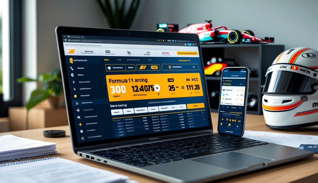 Seseorang duduk di meja dengan laptop yang menampilkan situs taruhan Formula 1 online, dikelilingi oleh catatan dan ponsel dengan aplikasi taruhan, dengan dekorasi bertema balap di latar belakang.