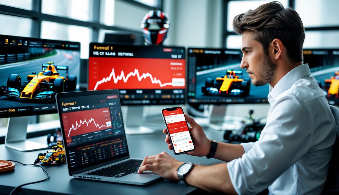 Seorang dewasa muda sedang menggunakan laptop dan ponsel untuk taruhan langsung Formula 1 dengan layar komputer menampilkan balapan dan peluang taruhan.