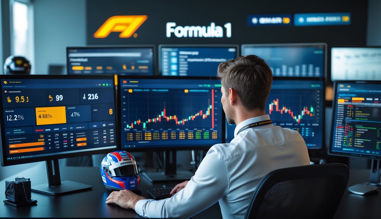 Seseorang sedang menganalisis data balap Formula 1 di depan beberapa layar komputer dalam ruangan kerja modern.