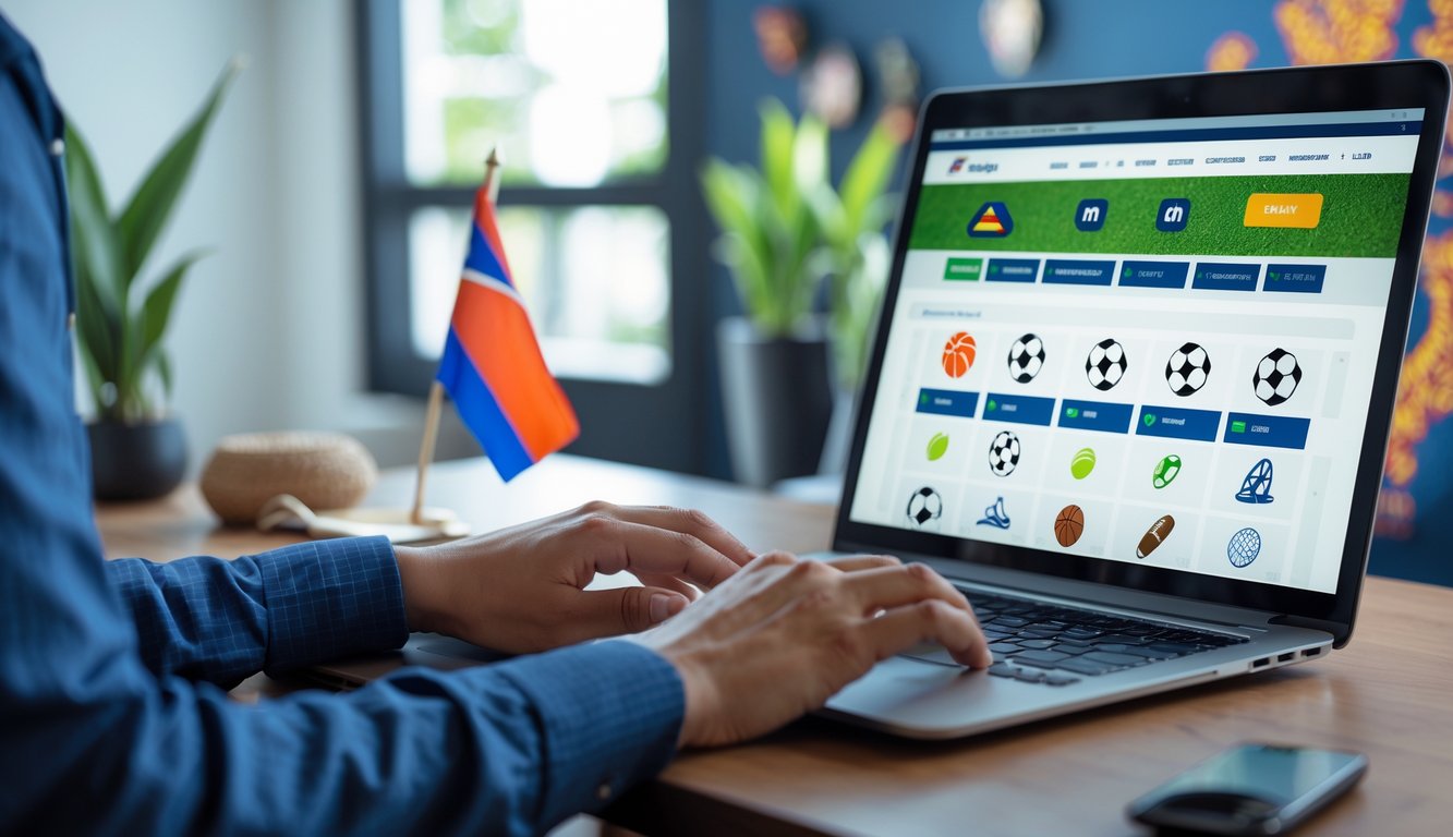 Seseorang menggunakan laptop di meja kerja dengan tampilan situs judi olahraga online, terdapat bendera Indonesia kecil di meja.