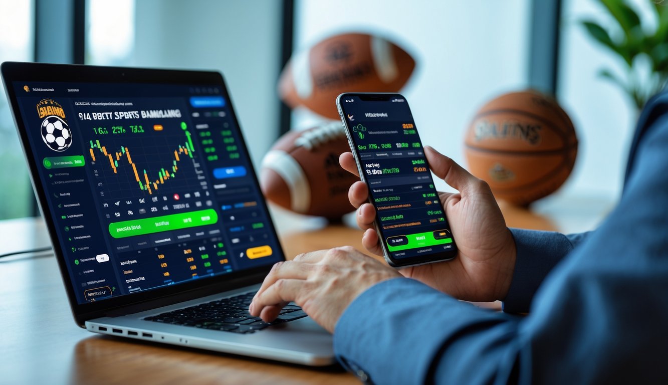 Seseorang sedang menggunakan laptop dan ponsel di meja kerja dengan latar belakang perlengkapan olahraga.