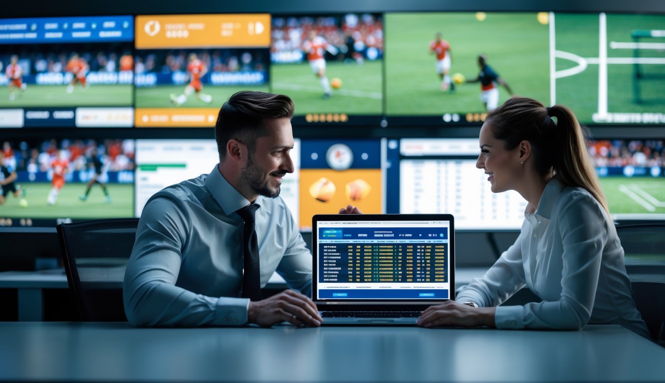 Dua orang profesional sedang bekerja bersama di kantor modern dengan layar komputer menampilkan statistik dan pertandingan olahraga.