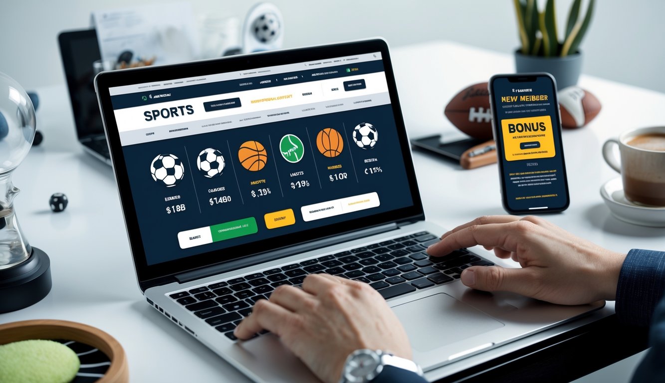 Seseorang menggunakan laptop dan smartphone untuk taruhan olahraga online dengan suasana kerja yang rapi.