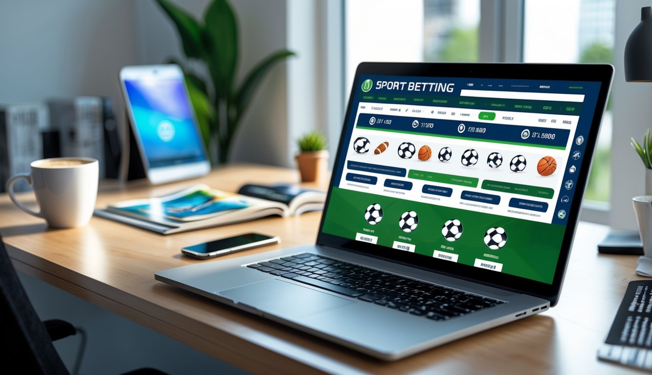 Meja kerja modern dengan laptop yang menampilkan situs judi olahraga online, dikelilingi oleh ponsel, kopi, dan majalah olahraga.