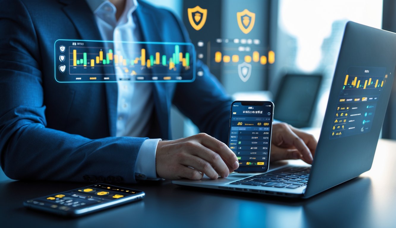 Seseorang menggunakan laptop dan ponsel di kantor modern dengan ikon keamanan digital di latar belakang.
