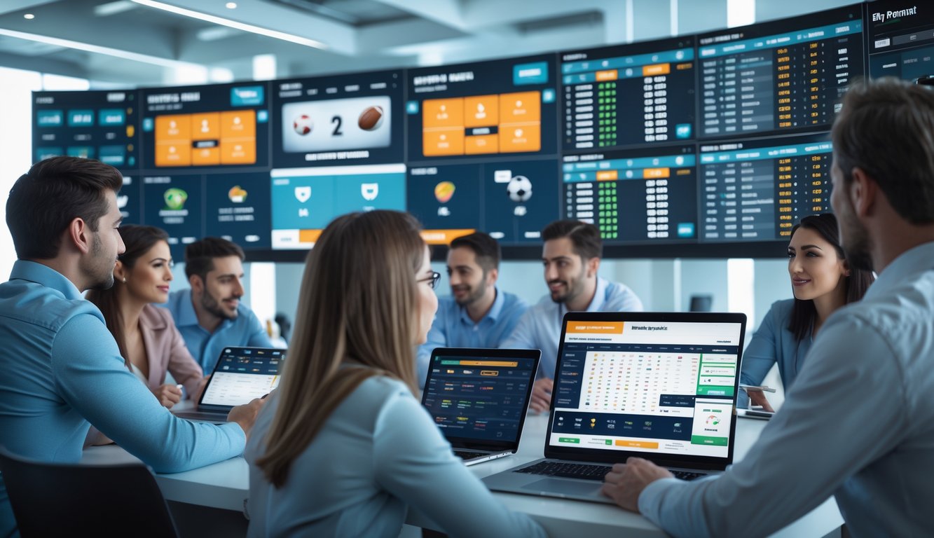 Beberapa orang sedang menggunakan perangkat digital di ruangan modern dengan layar besar yang menampilkan berbagai pasar taruhan olahraga.