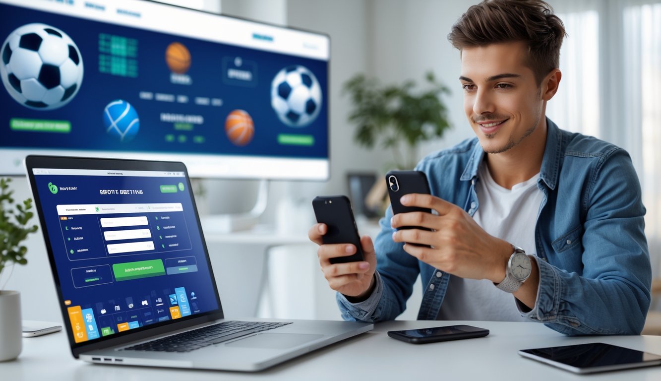 Seorang dewasa muda menggunakan laptop dan ponsel di ruang tamu yang terang, dengan latar belakang ikon olahraga yang samar.