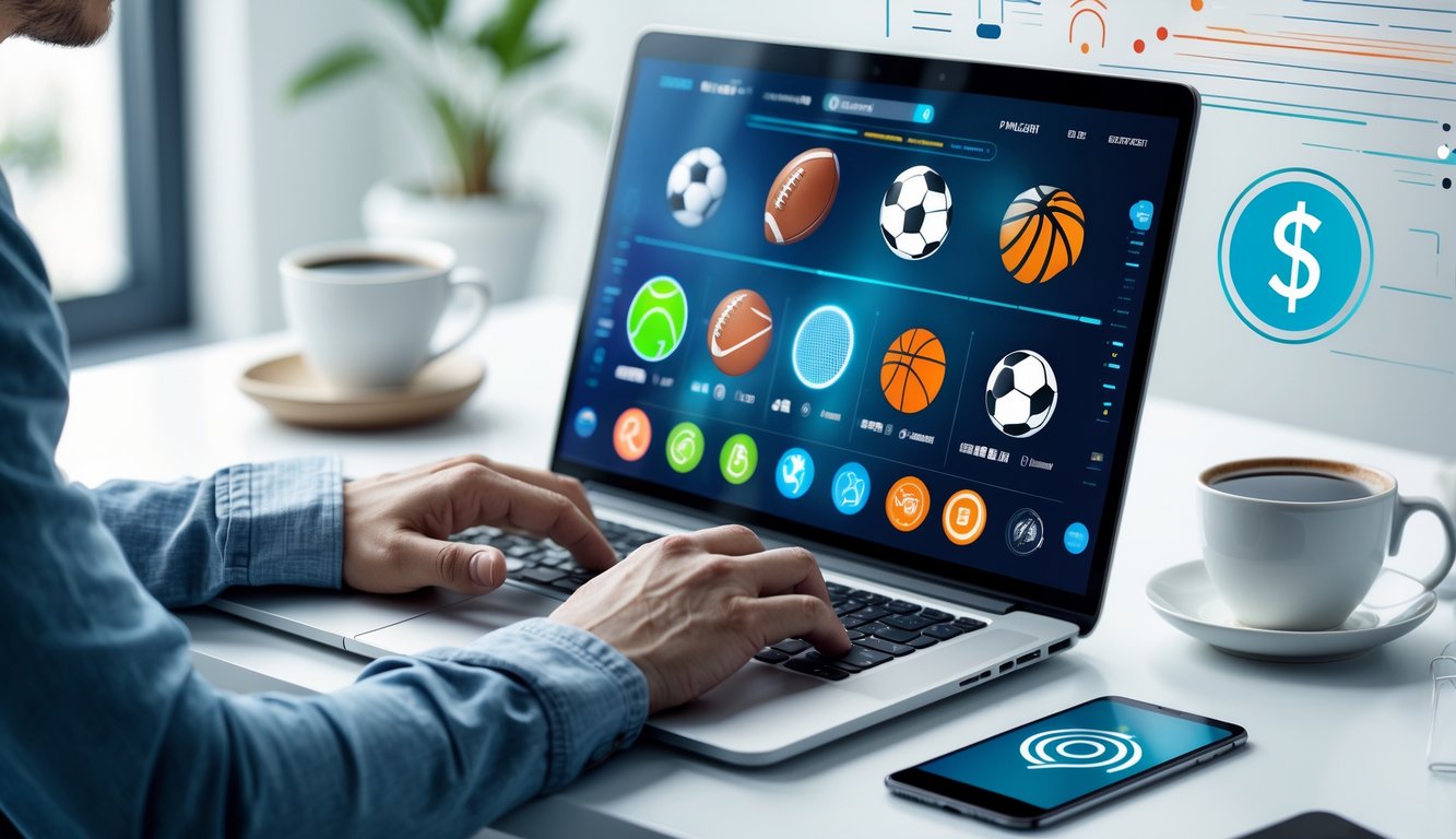 Seseorang menggunakan laptop di meja kerja dengan layar menampilkan ikon olahraga, ponsel dengan aplikasi taruhan, dan suasana yang menunjukkan kemudahan dan kecepatan dalam melakukan deposit taruhan olahraga online.