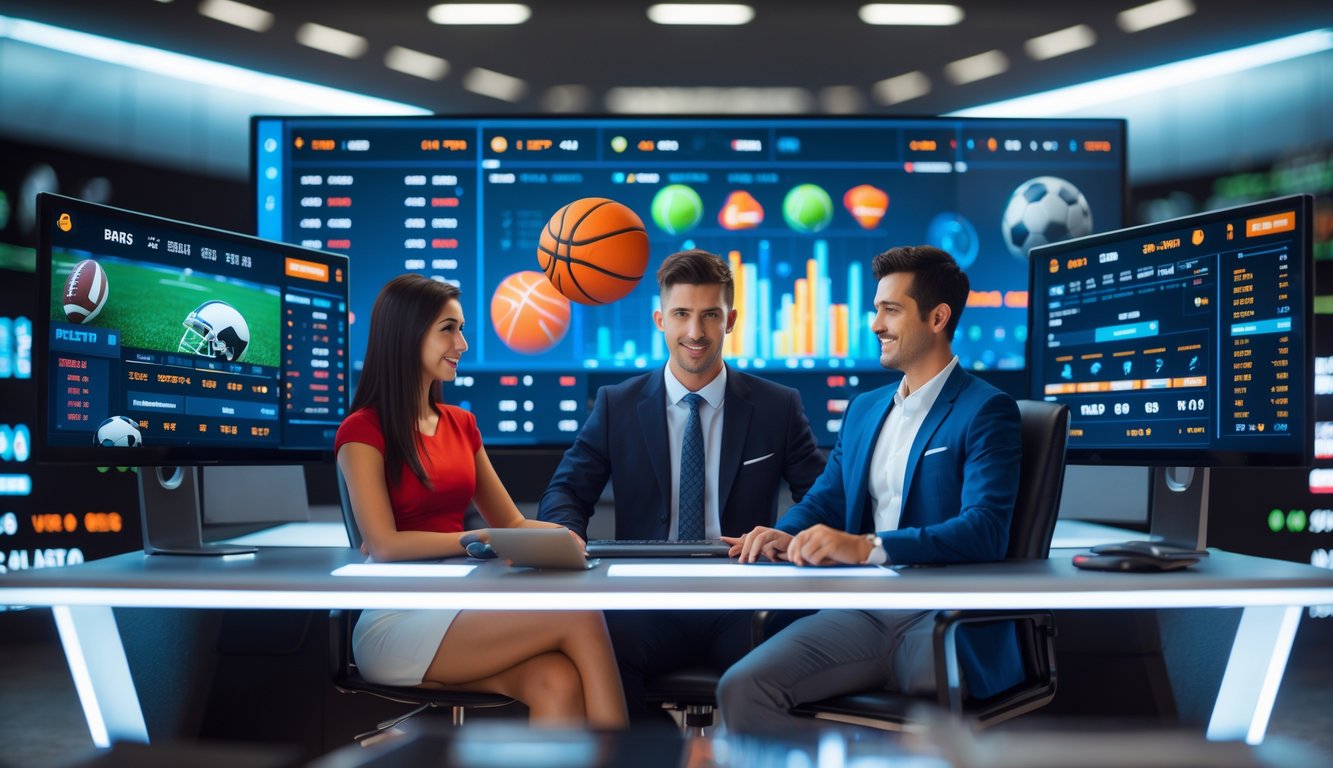 Seorang pria dan wanita duduk di depan beberapa layar komputer yang menampilkan acara olahraga dan grafik peluang taruhan.
