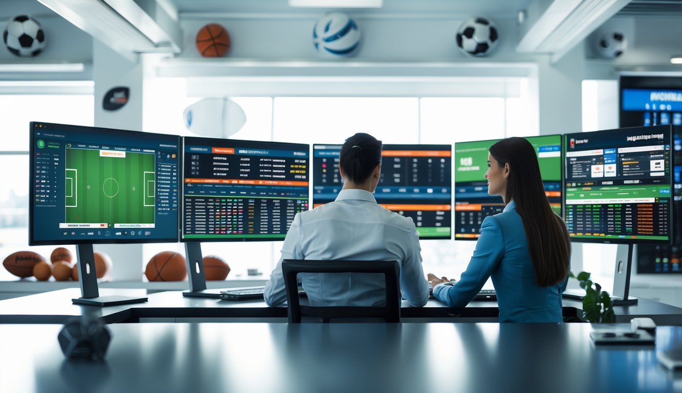 Dua orang profesional duduk di depan komputer dengan layar menampilkan data taruhan olahraga online dan acara olahraga langsung.