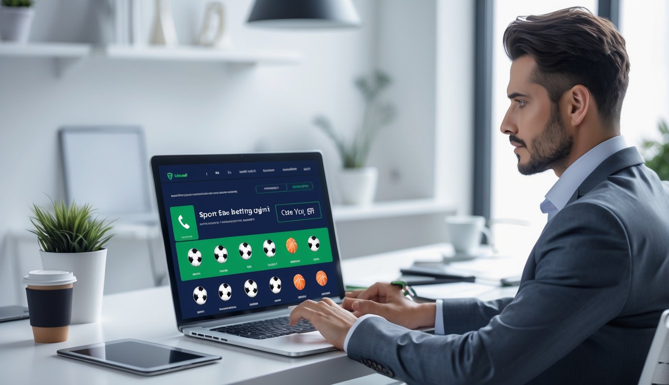 Seseorang menggunakan laptop di meja kerja modern dengan tampilan situs taruhan olahraga online di layar.