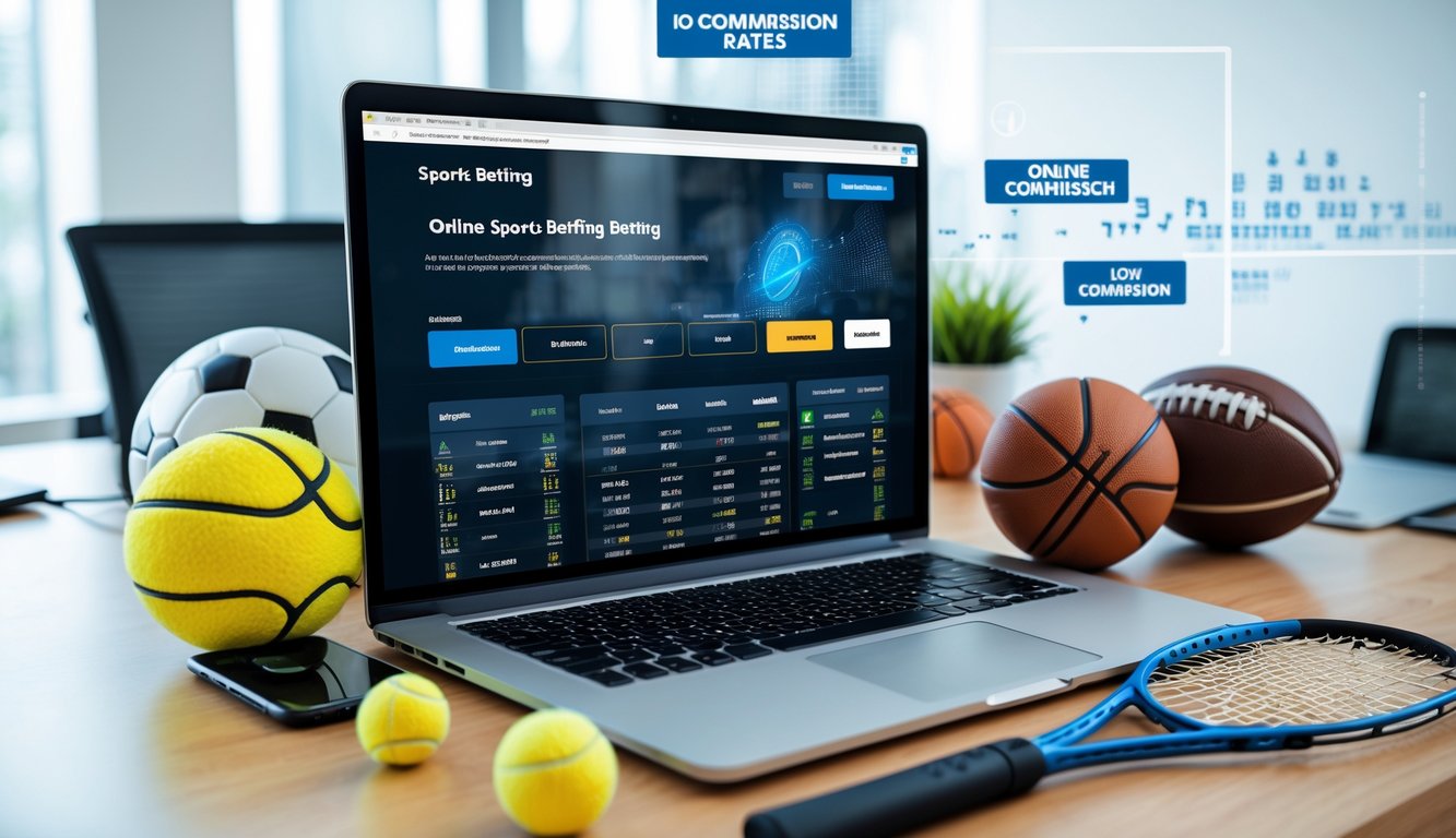Sebuah ruang kerja modern dengan laptop yang menampilkan situs judi olahraga online tanpa potongan, dikelilingi oleh bola sepak, bola basket, dan raket tenis.