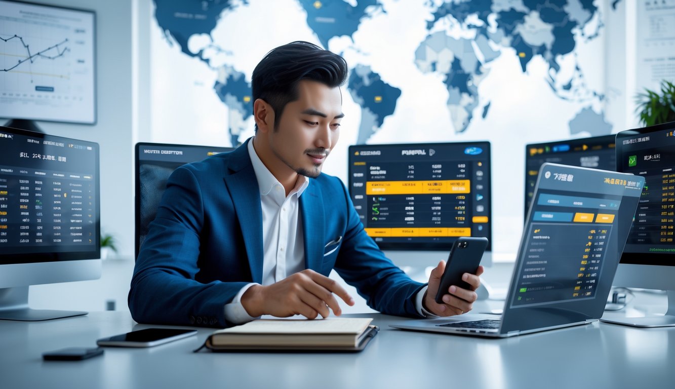 Seorang pria di kantor modern sedang melihat layar laptop dengan statistik olahraga dan grafik taruhan, dikelilingi oleh beberapa layar digital yang menampilkan berbagai olahraga populer.