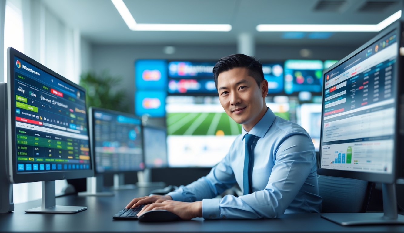 Seorang pria duduk di depan beberapa monitor komputer yang menampilkan taruhan olahraga online dalam ruangan kantor modern.