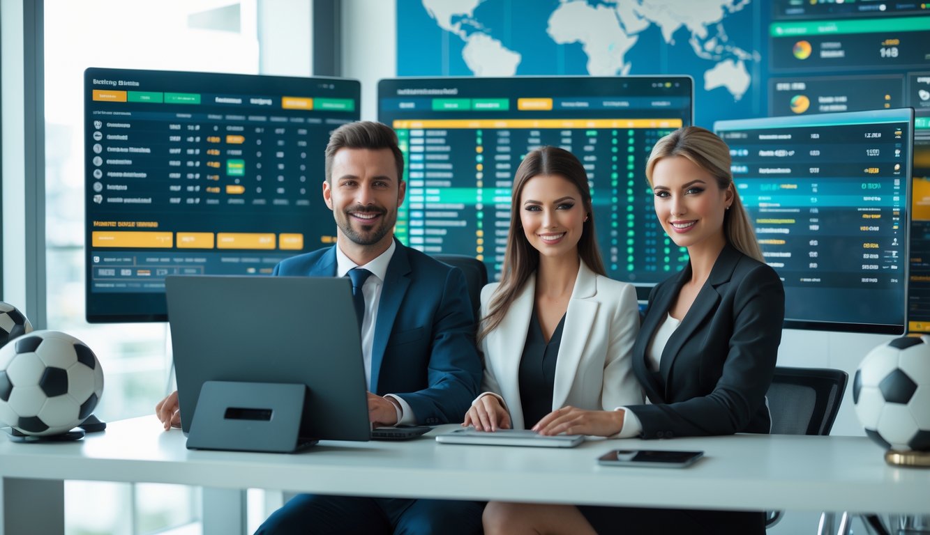 Seorang pria dan wanita duduk di meja kantor dengan beberapa layar komputer yang menampilkan statistik pertandingan sepak bola dan peluang taruhan.