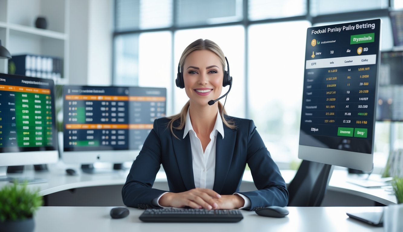 Seorang perwakilan layanan pelanggan duduk di meja kantor dengan beberapa layar komputer yang menampilkan data taruhan bola, siap membantu dengan suasana yang aman dan profesional.
