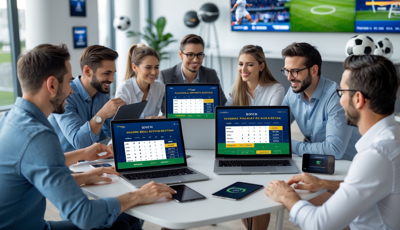 Beberapa orang menggunakan perangkat digital untuk bertaruh pada pertandingan sepak bola secara online di ruang kerja modern.