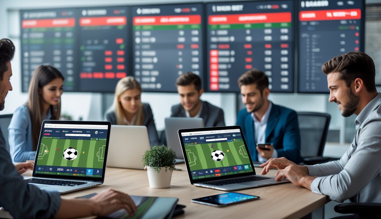 Sekelompok orang muda menggunakan perangkat digital di kantor modern dengan tampilan taruhan olahraga sepak bola di layar.