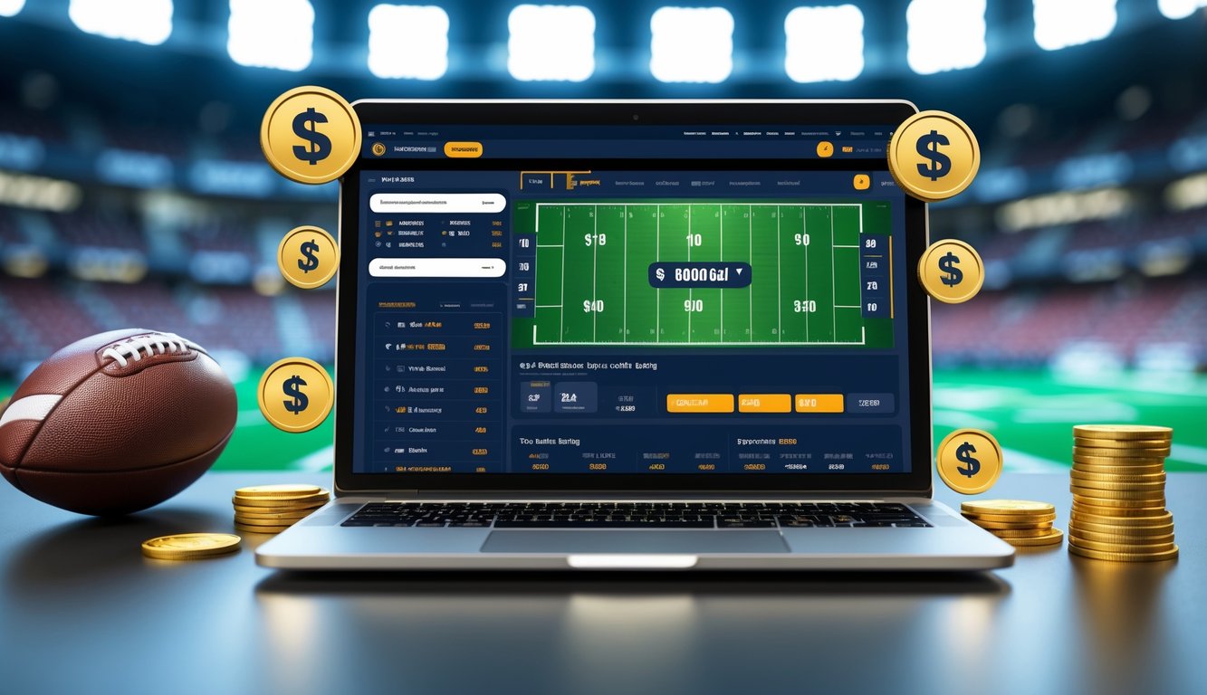 Sebuah meja kerja modern dengan laptop yang menampilkan situs taruhan bola online dan simbol bonus serta cashback, dengan latar belakang gambar bola dan lampu stadion.