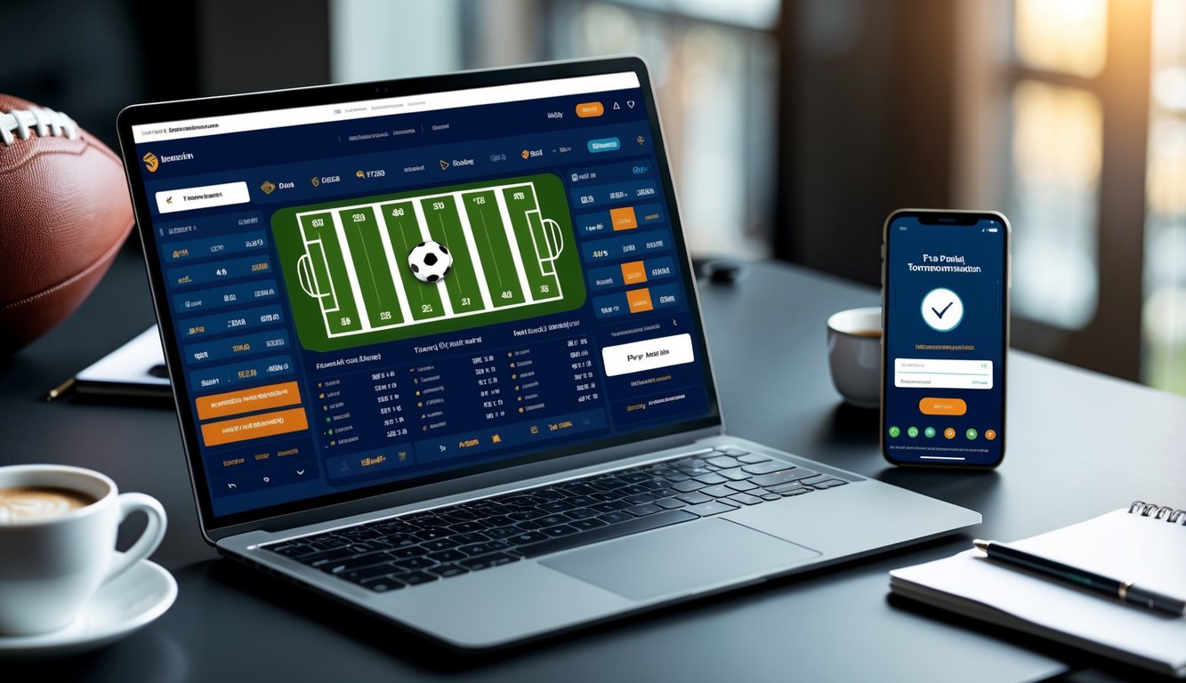 Seorang pria menggunakan laptop dan ponsel untuk memasang taruhan sepak bola secara online di meja kerja dengan bola sepak di sampingnya.