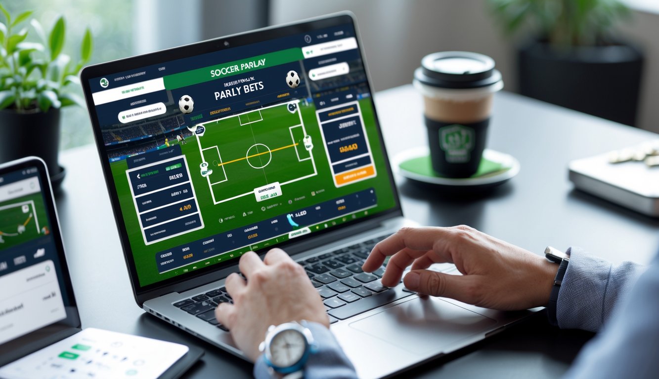 Seorang pria menggunakan laptop dengan tampilan antarmuka taruhan bola, di meja terdapat ponsel dan secangkir kopi.