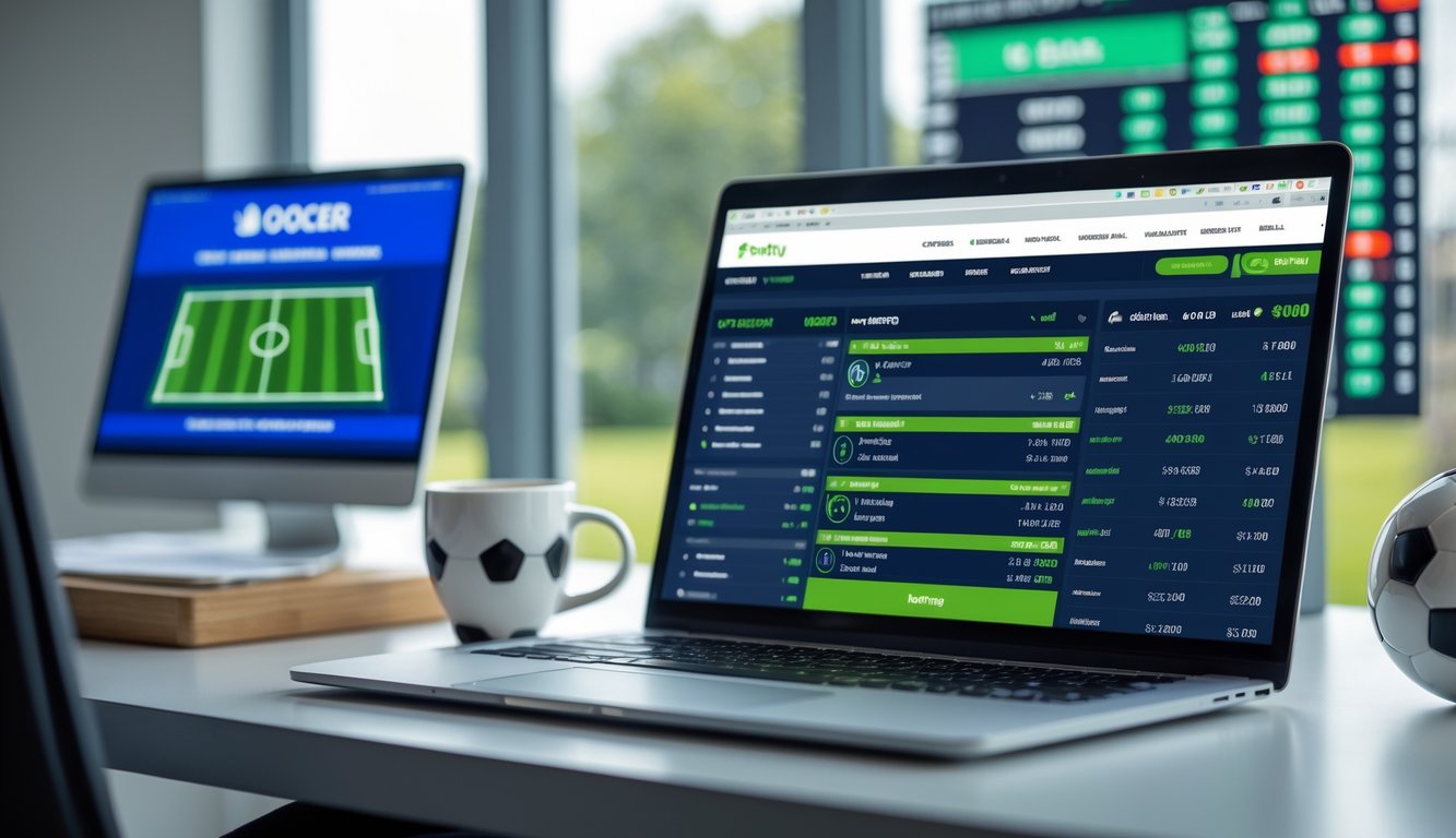 Meja kerja dengan laptop dan ponsel yang menampilkan situs dan aplikasi taruhan bola, dengan bola sepak kecil di latar belakang.